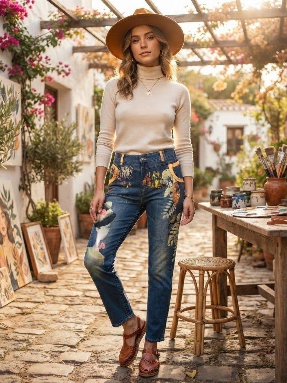 Simon Chang Limited Edition Art to Wear Jeans Sz 8 Graphic Floral Portrait Denim